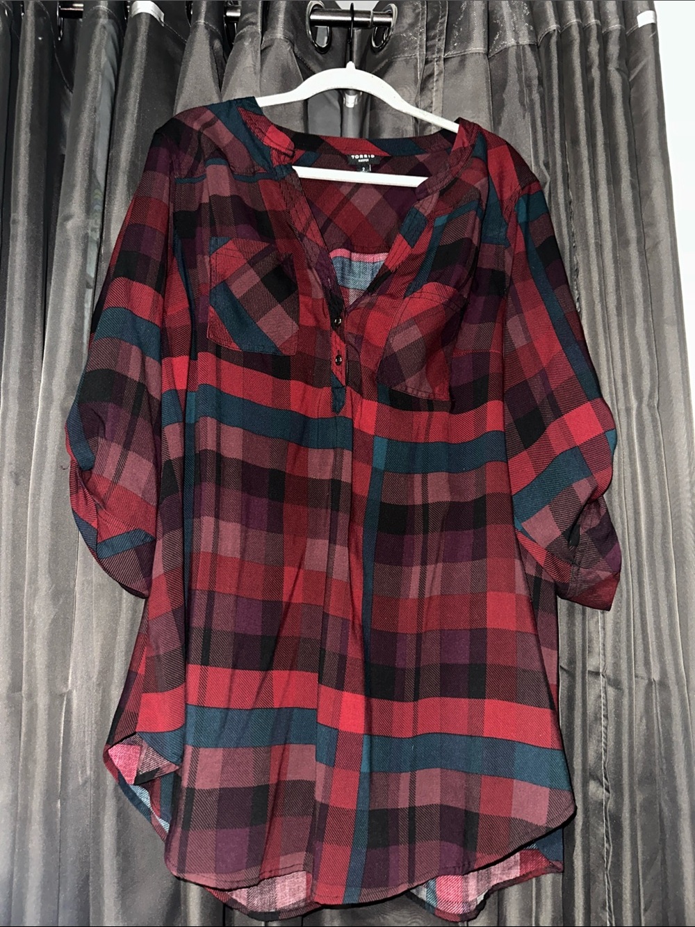 Torrid size 2 Plaid Button-Front Women's Tunic Top - Red & blue